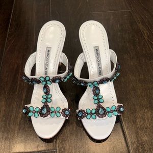 Manolo Blahnik White Leather Beaded Slide Sandals